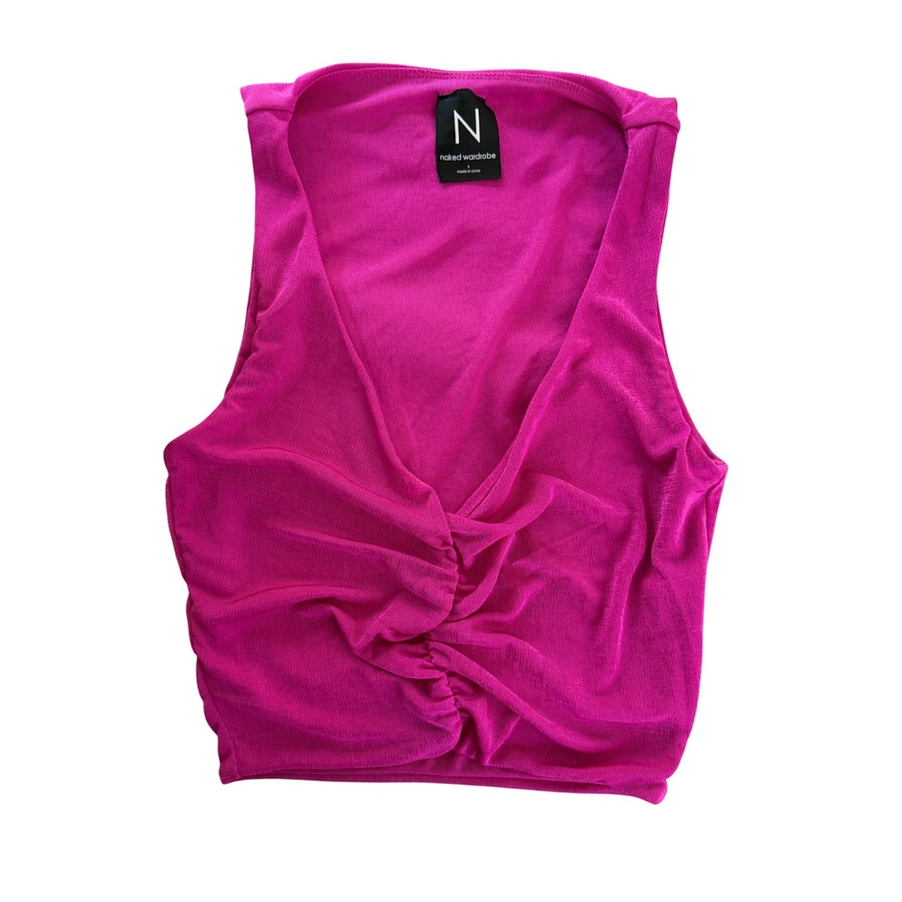 Naked Wardrobe Magenta Pink Ruched V-Neck Crop Top NW-T2867-X Small